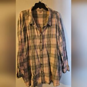Woman Within Plaid Button-Down Shirt - Pink and Gray